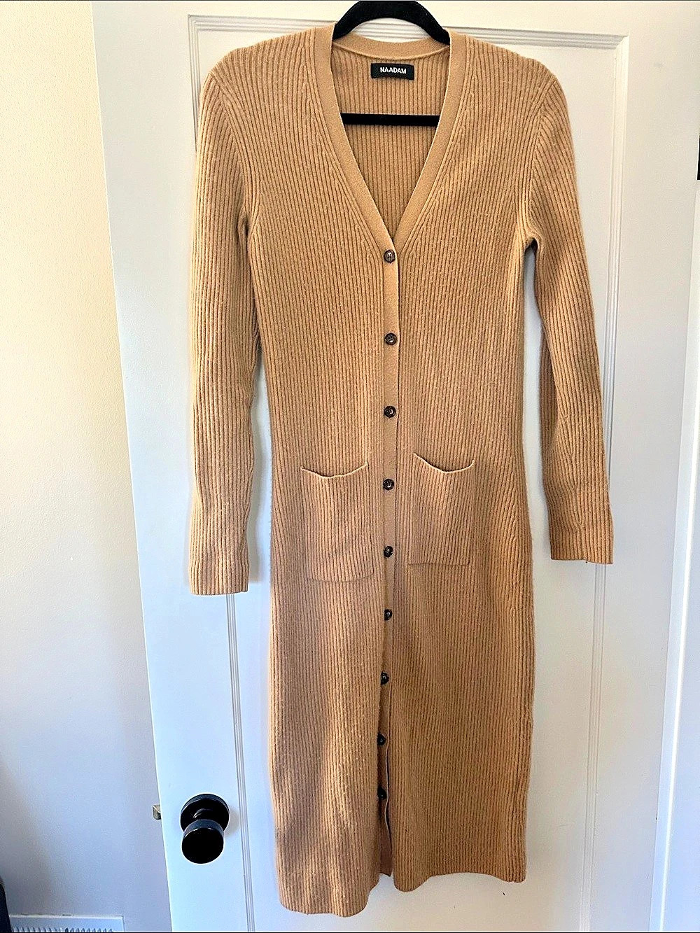 NAADAM 100% Cashmere Ribbed Cardigan Dress Camel Brown Medium
